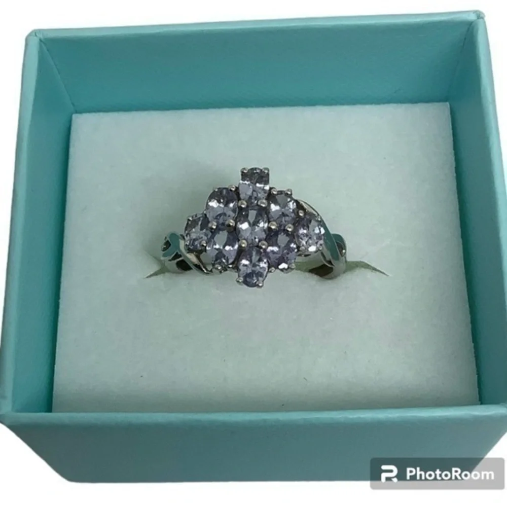 Sterling silver blue topaz cluster pyramid ring